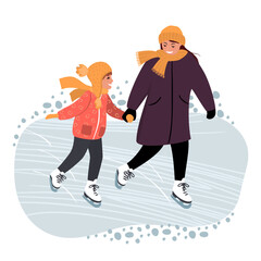 Young woman teaches a little girl to skate.Happy characters in warm clothes,slide on ice and holding hands.Winter time and winter activity.Cartoon flat style vector isolated illustration.
