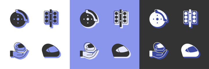 Set Racing helmet, Car brake disk with caliper, and traffic light icon. Vector