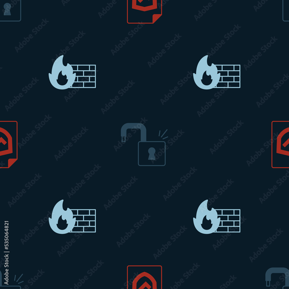 Poster set contract with shield, open padlock and firewall, security wall on seamless pattern. vector