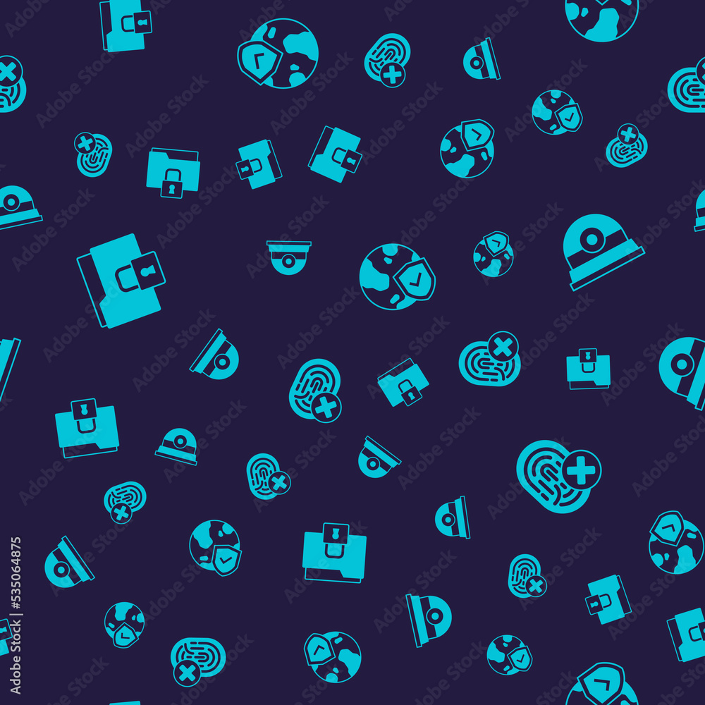 Poster set folder and lock, security camera, shield with world globe and cancelled fingerprint on seamless 