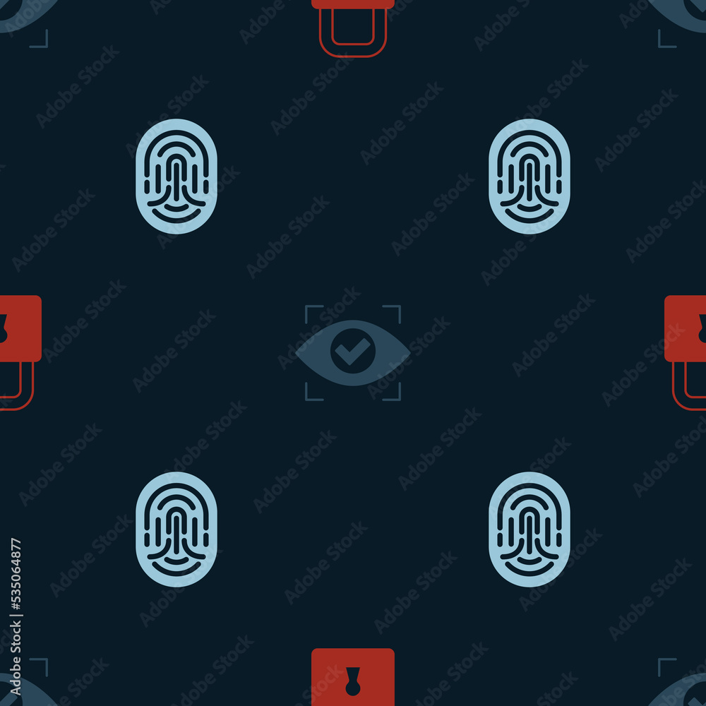Aufkleber set lock, eye scan and fingerprint on seamless pattern. vector