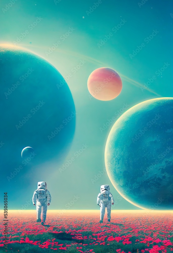 Sticker astronauts in a spacesuit walks around an alien planet and explores its surface. the concept of spac