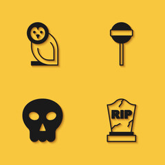 Set Owl bird, Tombstone with RIP written, Skull and Lollipop icon with long shadow. Vector