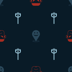 Set Frankenstein face, Happy Halloween holiday and Trident devil on seamless pattern. Vector