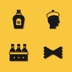 Set Perfume, Macaroni, Bottles of wine and French man icon with long shadow. Vector