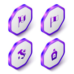 Set Isometric Flag Italy, Map of and Perfume icon. Purple hexagon button. Vector