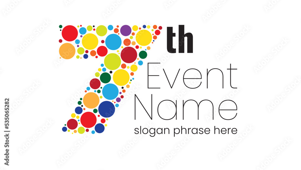 Poster annual event or summit title starting with a number of order made with random colorful circles - 7th