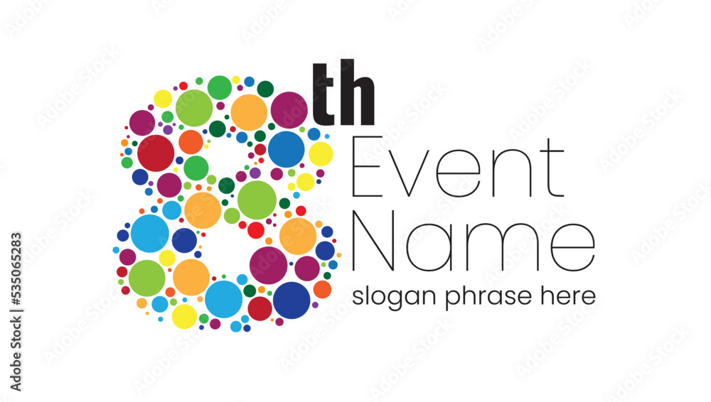 Poster annual event or summit title starting with a number of order made with random colorful circles - 8th