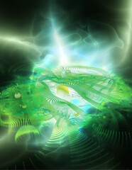 Technology space bots communication illustration lightning nebula green fire