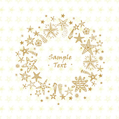 Christmas, New Year or Birthday card template. Hand drawn doodle Fireworks and Stars Round frame. Holiday background vector illustration