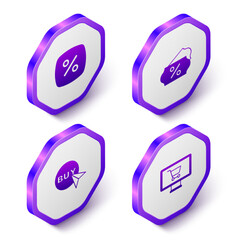 Set Isometric Discount percent tag, Buy button and Shopping cart monitor icon. Purple hexagon button. Vector
