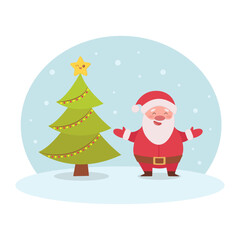 Cute happy cartoon Santa near Christmas tree. Vector illustration isolated on white background. 