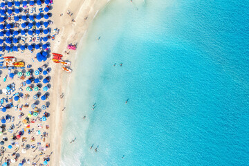Top view of beautiful sandy popular beach La Pelosa with turquoise sea water and colorful blue umbrellas, Islands of Sardinia in Italy, aerial drone shot