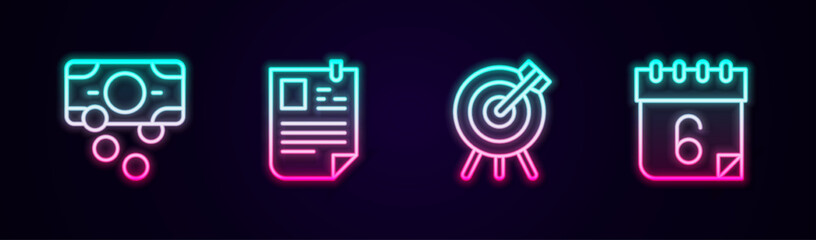 Set line Stacks paper money cash, Resume, Target financial goal and Calendar. Glowing neon icon. Vector