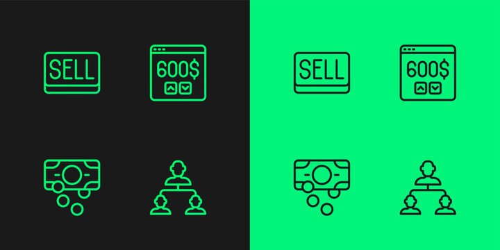 Set line Employee hierarchy, Stacks paper money cash, Sell button and Monitor with dollar icon. Vector