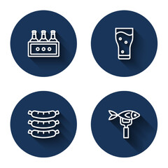 Set line Pack of beer bottles, Glass, Sausage and Dried fish with long shadow. Blue circle button. Vector