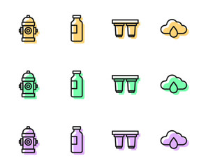 Set line Water filter cartridge, Fire hydrant, Bottle of water and Cloud with rain icon. Vector