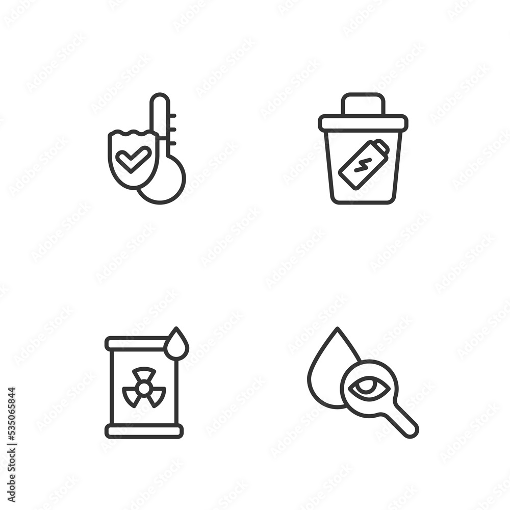 Wall mural Set line Drop and magnifying glass, Radioactive waste barrel, Thermometer and Trash can icon. Vector