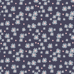 Stylish vector seamless pattern with scattered flowers. Elegant floral background  for wallpapers, fabric, textile, cloth, tiles, covers, packaging. Blue, light blue, pink color. Doodle style 