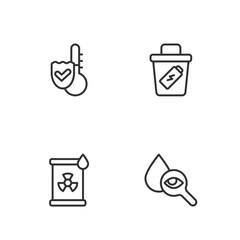 Set line Drop and magnifying glass, Radioactive waste barrel, Thermometer and Trash can icon. Vector