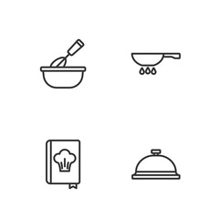 Set line Covered with tray of food, Cookbook, Cooking whisk bowl and Frying pan on fire icon. Vector