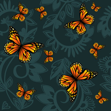 Seamless pattern with swirls and butterflies. Vector illustration
