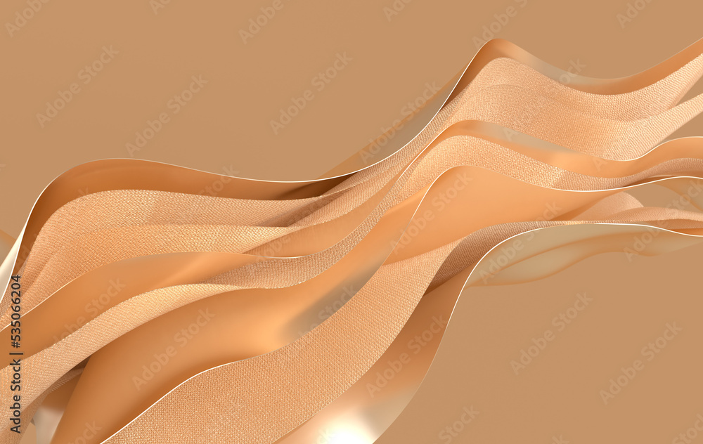 Poster golden paper or cotton fabric 3d rendering background with waves and curves. dynamic wallpaper