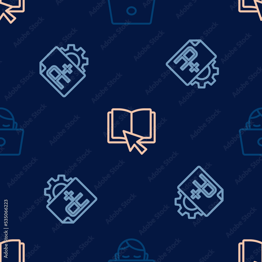 Poster set line student working at laptop, exam sheet with a plus grade and online book on seamless pattern