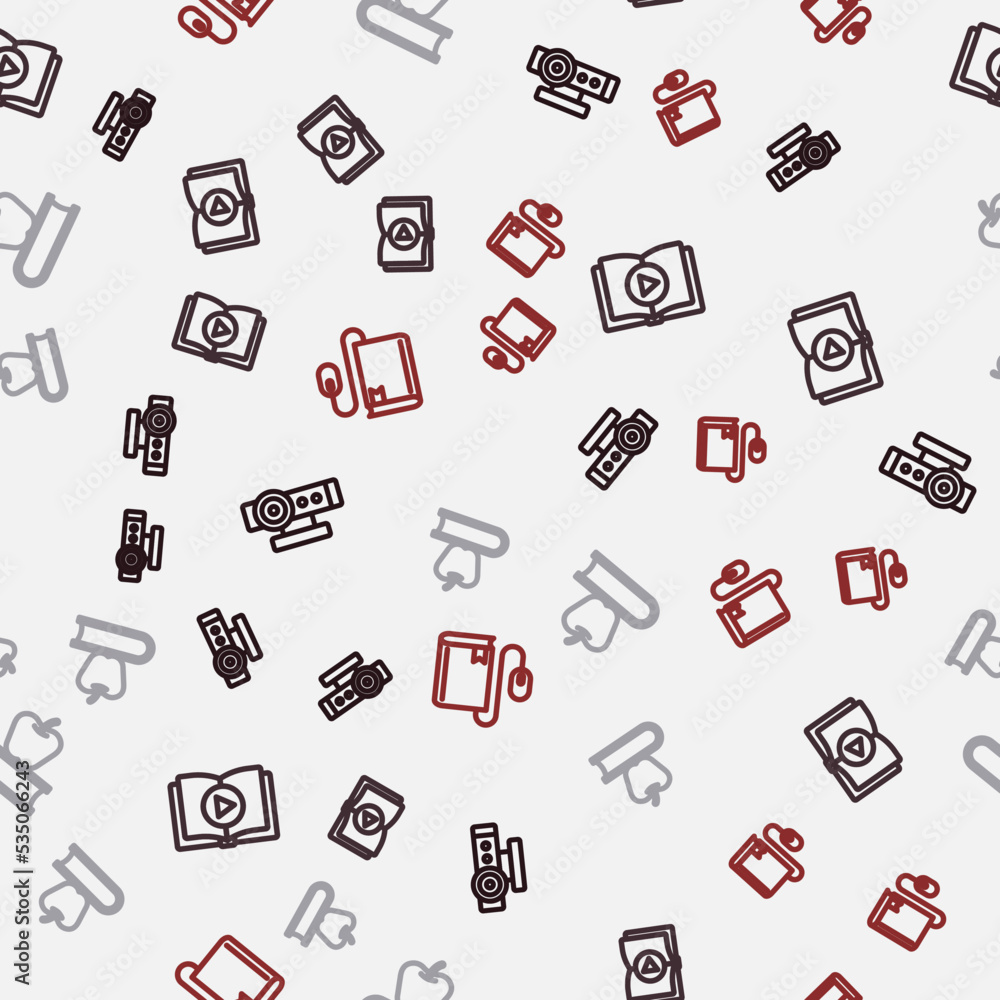 Poster set line web camera, audio book, book with apple and electronic mouse on seamless pattern. vector