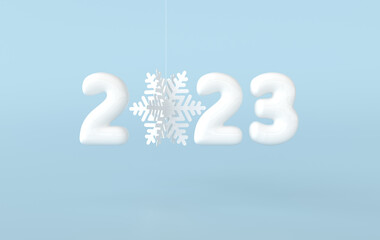 2023 Happy New Year numerals. White digits and  snowflake for Christmas celebration.  2023 on blue background, 3d rendering