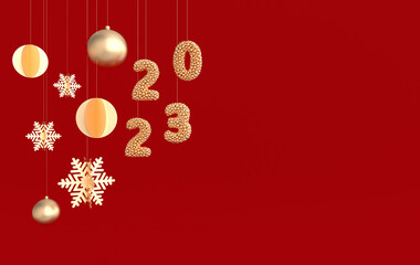 2023 Happy New Year numerals. Golden digits xmas ball, snowflake decorations for Christmas celebration.  2023 on red background, 3d rendering