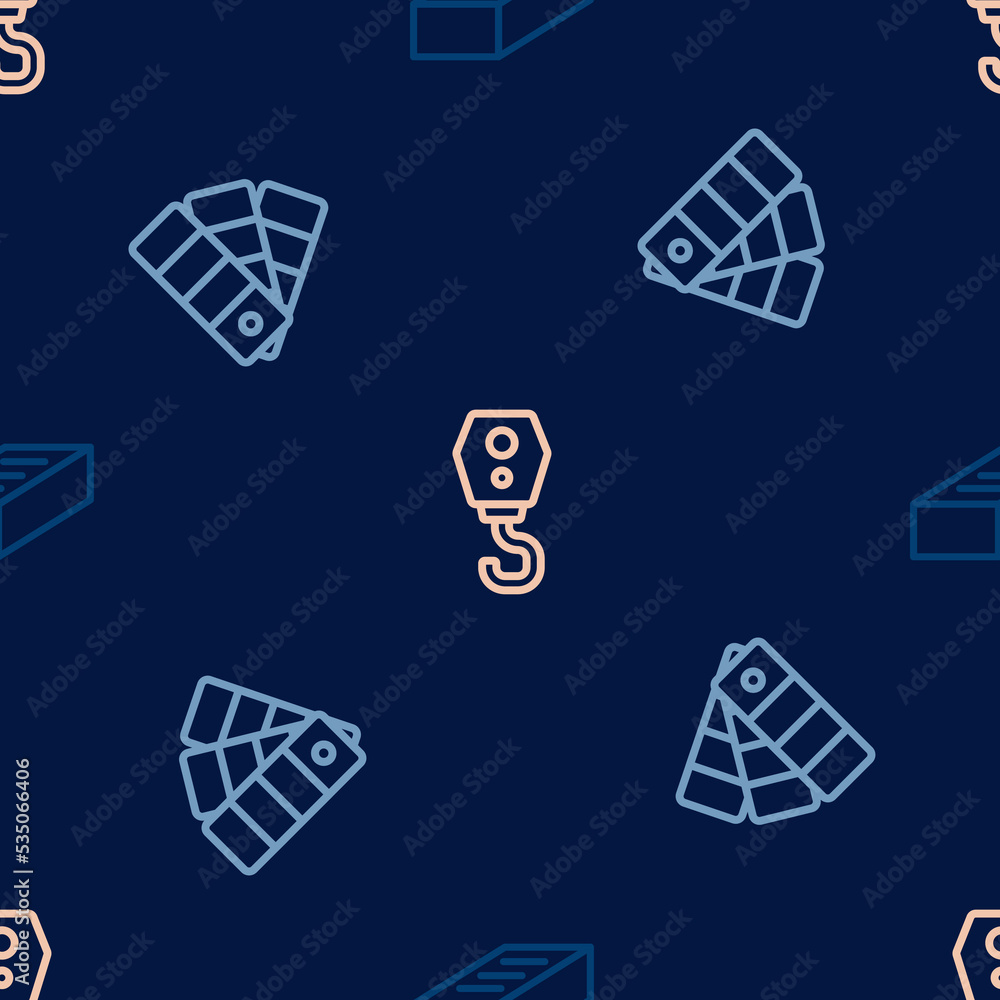 Poster set line brick, color palette guide and crane hook on seamless pattern. vector