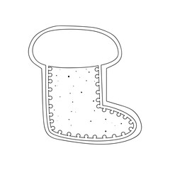 A flat vector cartoon illustration of a Christmas cookie with a gingerbread sock in the style of a doodle. Isolated sketch on a white background.