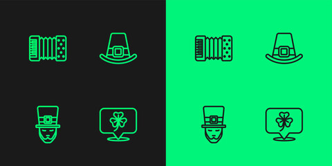 Set line Clover trefoil leaf, Leprechaun, Accordion and hat icon. Vector