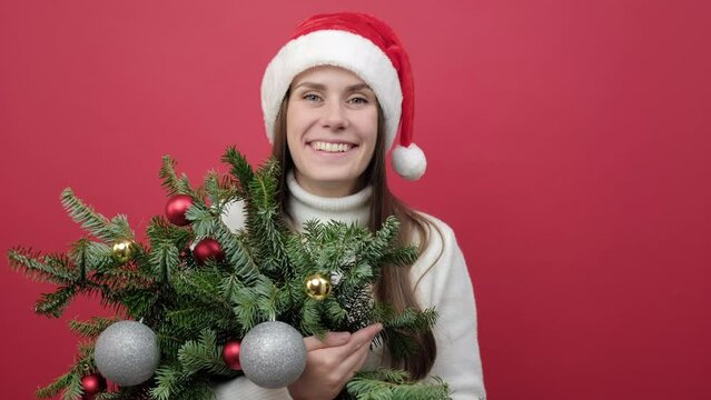 Portrait of cheerful young woman 20s holding bouquet of spruce branches smiles gladfully feels happy, wears white sweater and Christmas hat, posing isolated over red color background wall in stdio