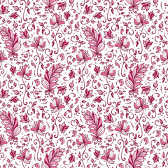 Vintage Vector Floral Seamless pattern. Hand drawn Decorative Leaves with Flower. Ornamental Leaf background