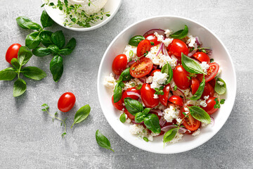 Salad with tomato, italian ricotta cheese and basil, top view - 535066836