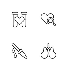 Set line Lungs, Pipette, Test tube with blood and Medical heart inspection icon. Vector
