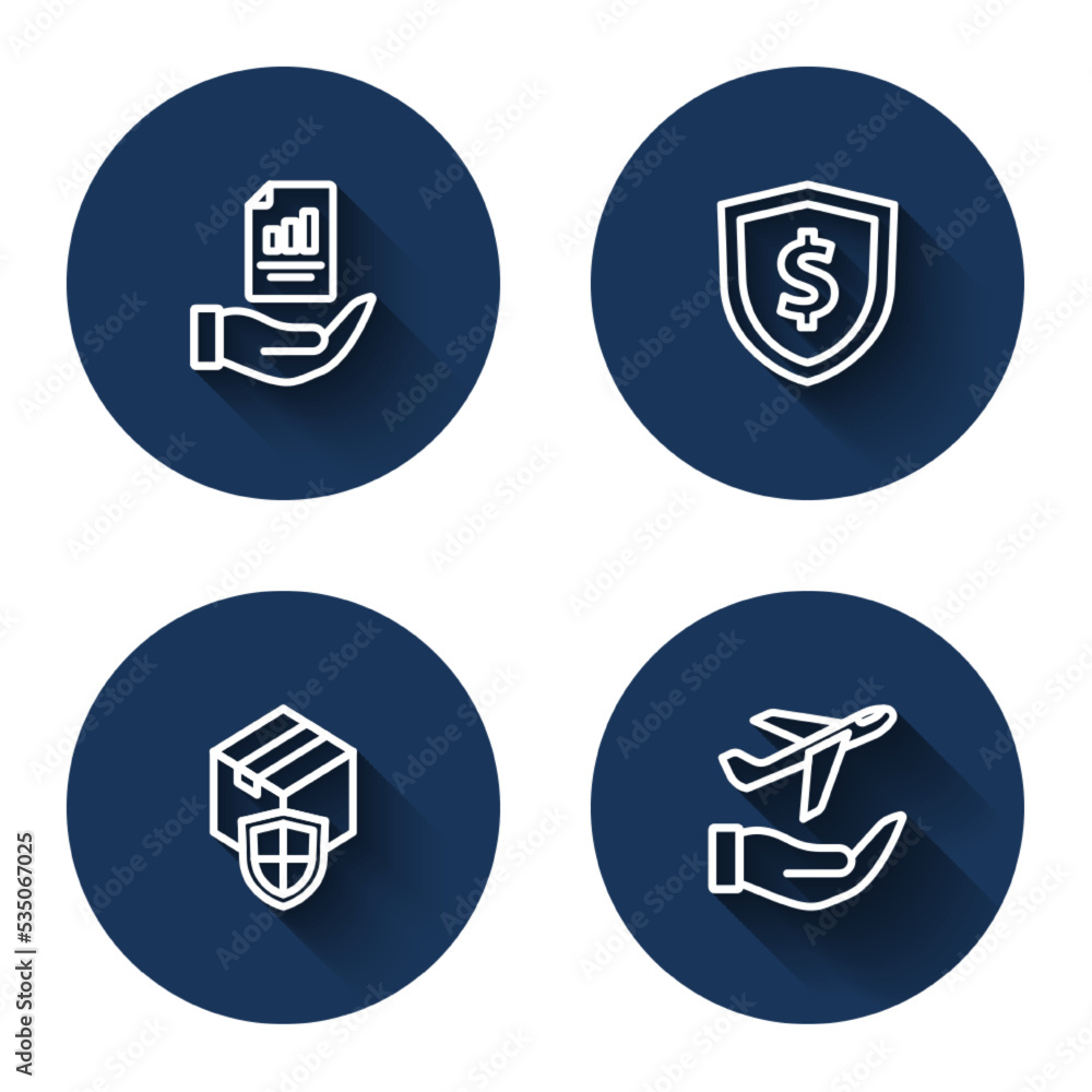 Poster set line contract in hand, shield with dollar, delivery security shield and plane with long shadow. 