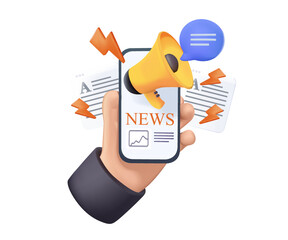 newsletter or News update. Hot News webpage, information about events. Daily press, activities, company information and announcements for web. 3D Web Vector Illustrations free edit. Reading articles