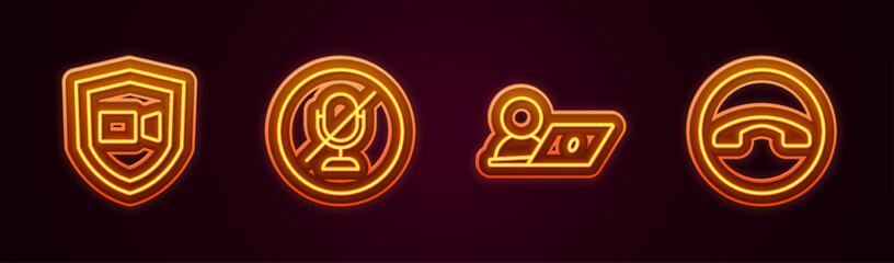 Fototapeta premium Set line Video chat conference, Mute microphone, and Telephone handset. Glowing neon icon. Vector
