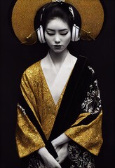 A young beautiful geisha in a kimono and headphones. Portrait of a beautiful geisha in a black and gold kimono. 3D rendering. - obrazy, fototapety, plakaty
