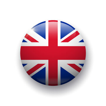 Realistic glossy button with UK flag. 3d vector element with shadow underneath. Best for mobile apps, UI and web design.