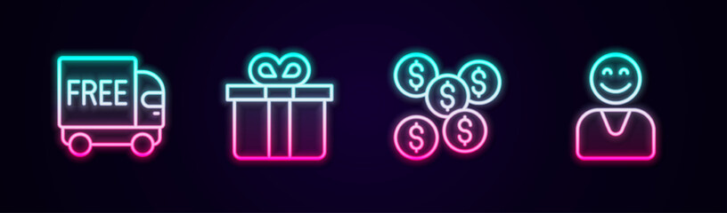 Set line Free delivery service, Gift box, Dollar symbol and Happy customer. Glowing neon icon. Vector