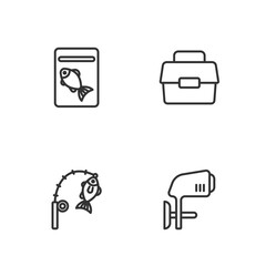 Set line Outboard boat motor, Fishing rod and fish, Served on plate and Case box for fishing icon. Vector
