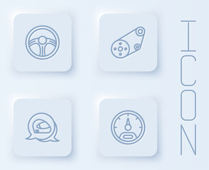 Set line Racing steering wheel, Timing belt kit, helmet and Speedometer. White square button. Vector