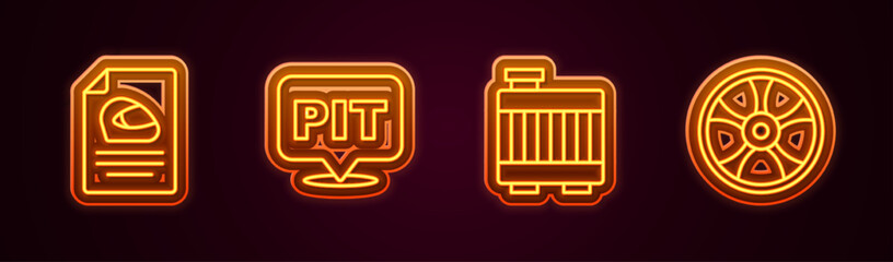 Set line Racing helmet, Pit stop, Car radiator cooling system and Alloy wheel for car. Glowing neon icon. Vector