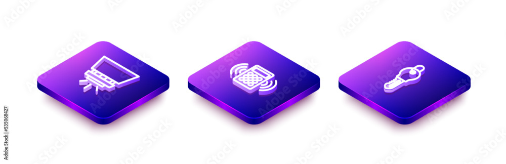 Poster set isometric line fire sprinkler system, security keypad access panel and key icon. vector