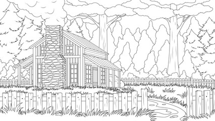 Vector illustration, wooden house stands in the forest