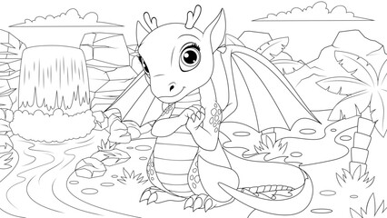 Vector illustration, funny cute little dragon sitting by the waterfall